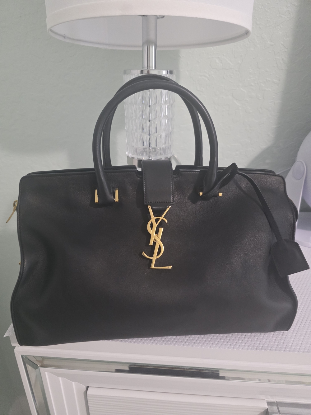 Saint Laurent Black Leather Satchel with Gold YSL Signature